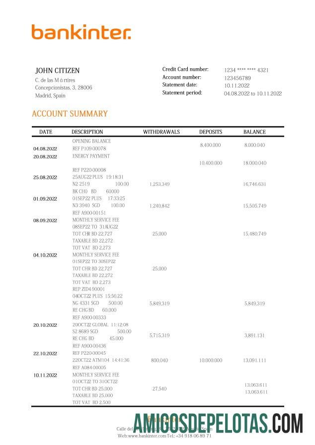 Exemplo de extrato bancário do Bankinter na Espanha